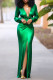 Green Sexy Solid Patchwork High Opening V Neck Long Dress Dresses