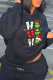 Black Street Print Draw String Hooded Collar Tops