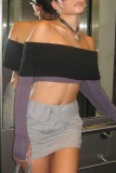 Black Sexy Solid Backless Off the Shoulder Long Sleeve Tops Two Pieces