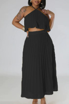 Black Casual Solid Patchwork Pleated Halter Sleeveless Two Pieces