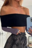 Black Sexy Solid Backless Off the Shoulder Long Sleeve Tops Two Pieces