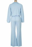 Light Blue Casual Print Letter Turndown Collar Long Sleeve Two Pieces