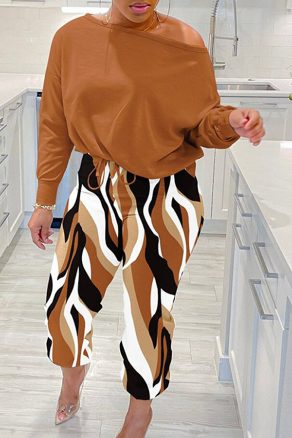 Brown Casual Print Patchwork Draw String Oblique Collar Long Sleeve Two Pieces