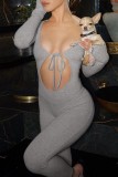 Grey Sexy Casual Solid Hollowed Out Frenulum O Neck Skinny Jumpsuits