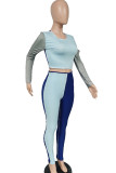 Sky Blue Casual Color Block Patchwork O Neck Long Sleeve Two Pieces