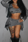 Grey Street Solid Ripped Patchwork U Neck Long Sleeve Two Pieces