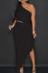 Black Sexy Solid Patchwork High Opening Flounce One Shoulder Long Dress Dresses