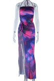Colour Sexy Print Tie Dye Bandage Backless Slit Halter Sleeveless Two Pieces