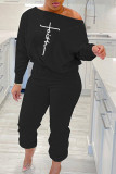 Black Casual Print Patchwork Draw String Oblique Collar Long Sleeve Two Pieces