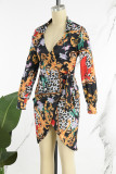 Multicolor Casual Print Frenulum V Neck Long Sleeve Dresses