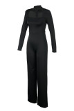 Black Fashion Casual Solid Hollowed Out O Neck Regular Jumpsuits (Without Belt)