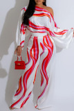 Decorative Pattern Sweet Print Patchwork Off the Shoulder Long Sleeve Two Pieces