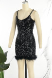 Black Sexy Patchwork Sequins Backless Spaghetti Strap Sleeveless Dress Dresses