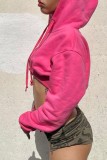Rose Red Casual Solid Basic Hooded Collar Tops