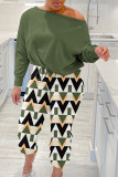 Blue Casual Print Patchwork Draw String Oblique Collar Long Sleeve Two Pieces