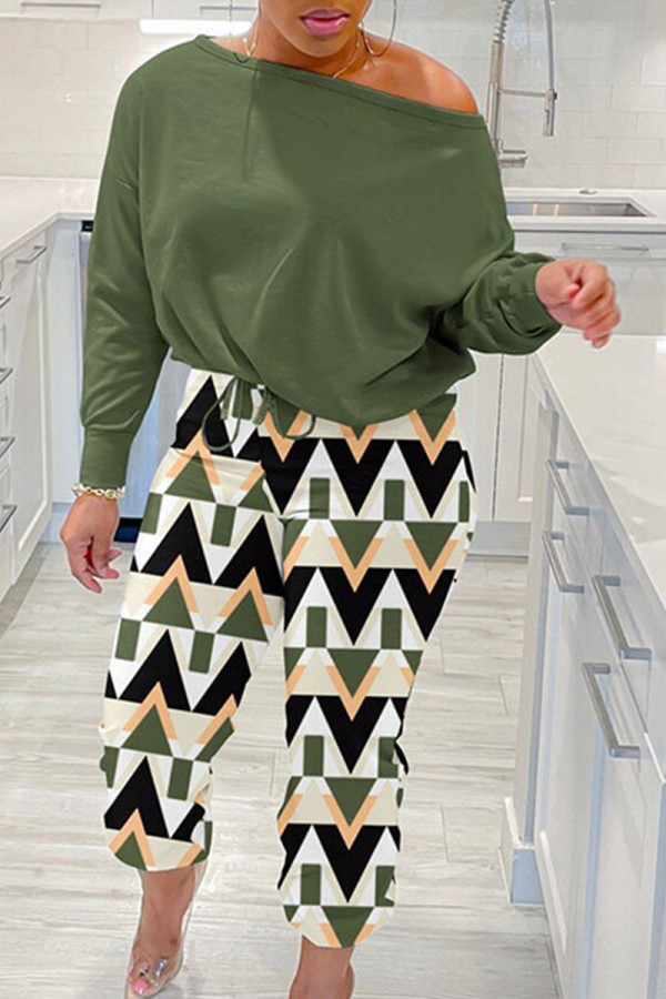 Olive Green Casual Print Patchwork Draw String Oblique Collar Long Sleeve Two Pieces