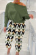 Olive Green Casual Print Patchwork Draw String Oblique Collar Long Sleeve Two Pieces