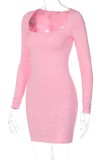 Pink Casual Solid Patchwork Hot Drill U Neck Long Sleeve Dresses