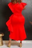 Red Casual Solid Flounce V Neck Irregular Dress Dresses (Without Belt)
