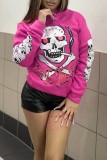 Rose Red Casual Skull Head Print Basic Hooded Collar Tops