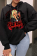 Black Street Vintage Print Draw String Hooded Collar Tops