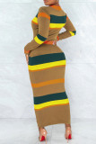 Multicolor Casual Striped Print Patchwork Zipper Collar Long Sleeve Dresses