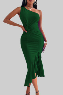 Green Sexy Solid Patchwork Flounce One Shoulder Irregular Dress Dresses