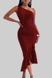 Red Sexy Solid Patchwork Flounce One Shoulder Irregular Dress Dresses