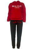 Red Casual Letter Patchwork Draw String Pocket Hooded Collar Long Sleeve Two Pieces