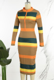 Multicolor Casual Striped Print Patchwork Zipper Collar Long Sleeve Dresses