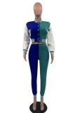Turquoise Casual Elegant Color Block Patchwork Pocket Buckle O Neck Long Sleeve Two Pieces