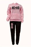 Pink Black Casual Letter Print Basic Hooded Collar Long Sleeve Two Pieces