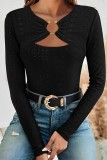 Pure Black Casual Solid Hollowed Out O Neck Tops
