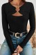 Pure Black Casual Solid Hollowed Out O Neck Tops