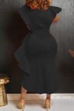 Red Casual Solid Flounce V Neck Irregular Dress Dresses (Without Belt)