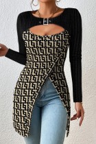 Black Apricot Casual Print Hollowed Out Patchwork Slit O Neck Tops