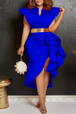 Red Casual Solid Flounce V Neck Irregular Dress Dresses (Without Belt)