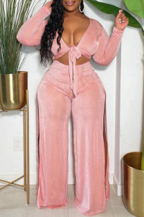Pink Sexy Casual Solid Frenulum Slit V Neck Plus Size Two Pieces