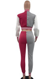 Rose Red Casual Elegant Color Block Patchwork Pocket Buckle O Neck Long Sleeve Two Pieces