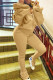 Apricot Casual Solid Hollowed Out Patchwork Pocket Zipper Hooded Collar Long Sleeve Two Pieces