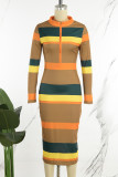 Multicolor Casual Striped Print Patchwork Zipper Collar Long Sleeve Dresses