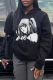 Black Daily Cute Print Draw String Hooded Collar Tops