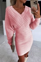 Pink Casual Solid Basic V Neck Long Sleeve Dresses