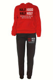 Red Black Casual Letter Patchwork Draw String Pocket Hooded Collar Long Sleeve Two Pieces