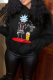 Black Casual Daily Print Draw String Hooded Collar Tops