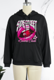 Black Casual Street Lips Printed Draw String Hooded Collar Tops