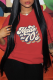 Red Casual Street Print Draw String Letter Hooded Collar Tops