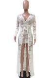 White Sexy Solid Lace Hollowed Out Patchwork V Neck Long Dress Dresses