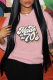 Pink Casual Street Print Draw String Letter Hooded Collar Tops