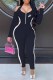 Black Casual Print Patchwork Letter U Neck Jumpsuits